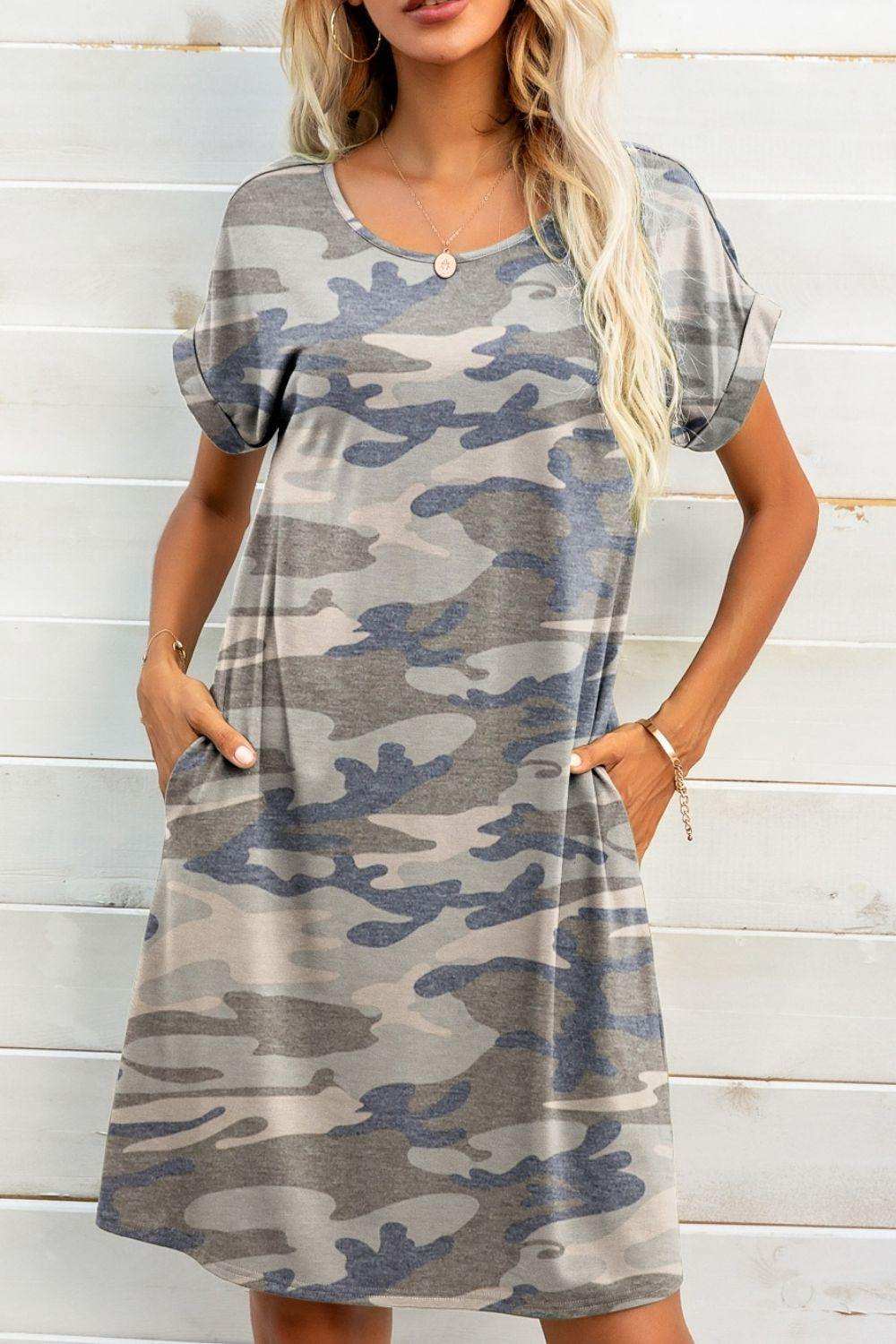 Scoop Neck Short Sleeve Pocket Dress - Trendsi - Flyclothing LLC
