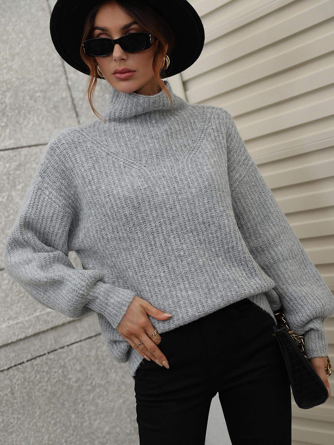 High Neck Balloon Sleeve Rib-Knit Pullover Sweater - Trendsi - Flyclothing LLC