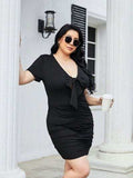 Plus Size Ruched Tied Short Sleeve Mini Dress - Trendsi - Flyclothing LLC