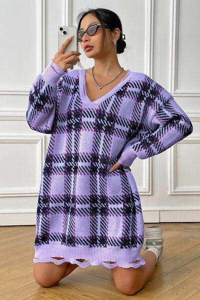 Plaid V-Neck Long Sleeve Sweater Dress - Trendsi - Flyclothing LLC