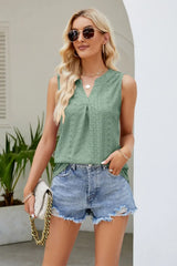 Notched Neck Curved Hem Eyelet Tank - Trendsi - Flyclothing LLC