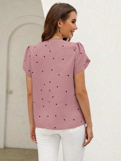 Heart Print Notched Petal Sleeve Blouse - Trendsi - Flyclothing LLC