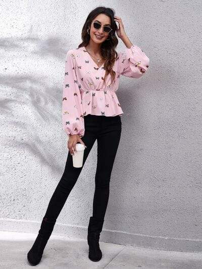 Butterfly V-Neck Balloon Sleeve Peplum Blouse - Trendsi - Flyclothing LLC