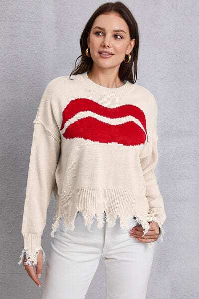 Lip Fringe Round Neck Sweater - Trendsi - Flyclothing LLC