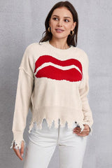 Lip Fringe Round Neck Sweater - Trendsi