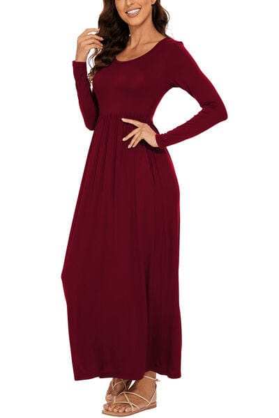Round Neck Long Sleeve Pocketed Maxi Dress - Trendsi - Flyclothing LLC