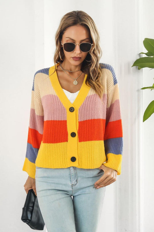 Color Block Button-Down Dropped Shoulder Cardigan - Trendsi