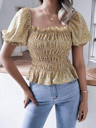Frill Smocked Square Neck Short Sleeve Blouse - Trendsi - Flyclothing LLC