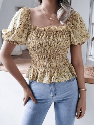 Frill Smocked Square Neck Short Sleeve Blouse - Trendsi