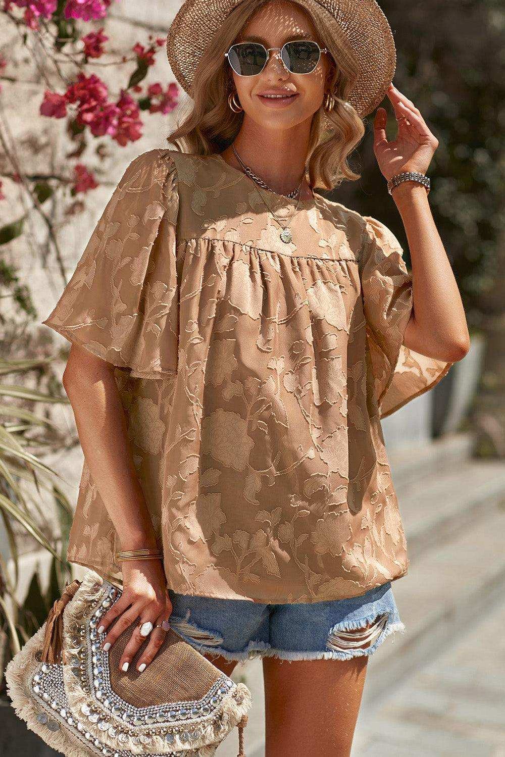 Round Neck Puff Sleeve Blouse - Trendsi - Flyclothing LLC