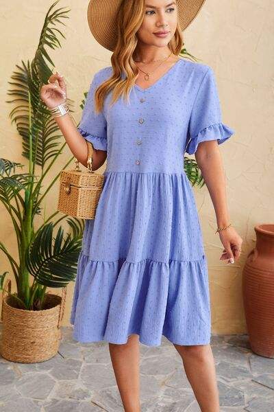 Swiss Dot Ruffled V-Neck Tiered Dress - Trendsi - Flyclothing LLC