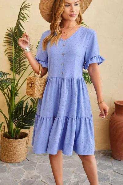 Swiss Dot Ruffled V-Neck Tiered Dress - Trendsi - Flyclothing LLC