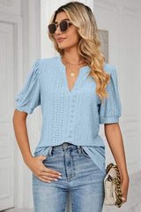 Eyelet Notched Short Sleeve T-Shirt - Trendsi - Flyclothing LLC