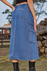 Slit Front Midi Denim Skirt with Pockets - Trendsi - Flyclothing LLC