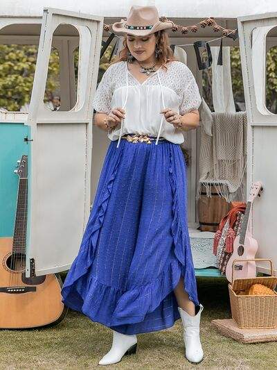 Plus Size Swiss Dot Ruffled Wide Leg Pants - Trendsi - Flyclothing LLC