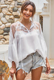 Embroidered Tie-Neck Puff Sleeve Blouse - Trendsi