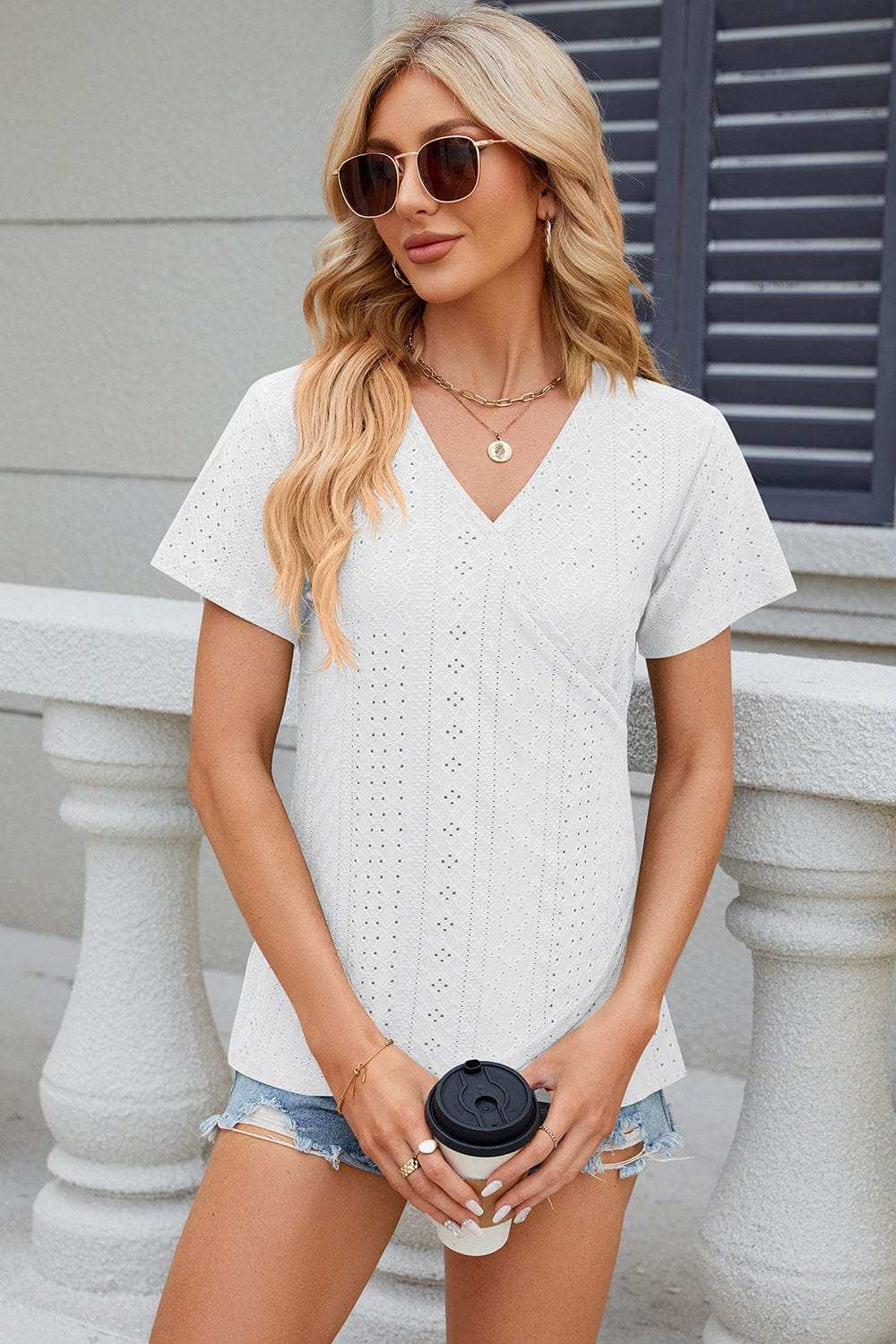 Eyelet Surplice Short Sleeve T-Shirt - Trendsi - Flyclothing LLC