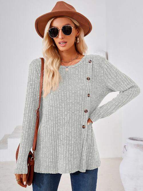 Ribbed Buttoned Round Neck Slit T-Shirt - Trendsi - Flyclothing LLC