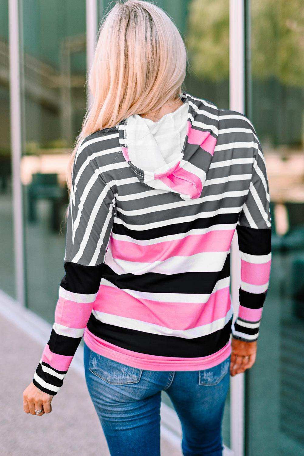 Striped Drawstring Detail Long Sleeve Hoodie - Trendsi - Flyclothing LLC