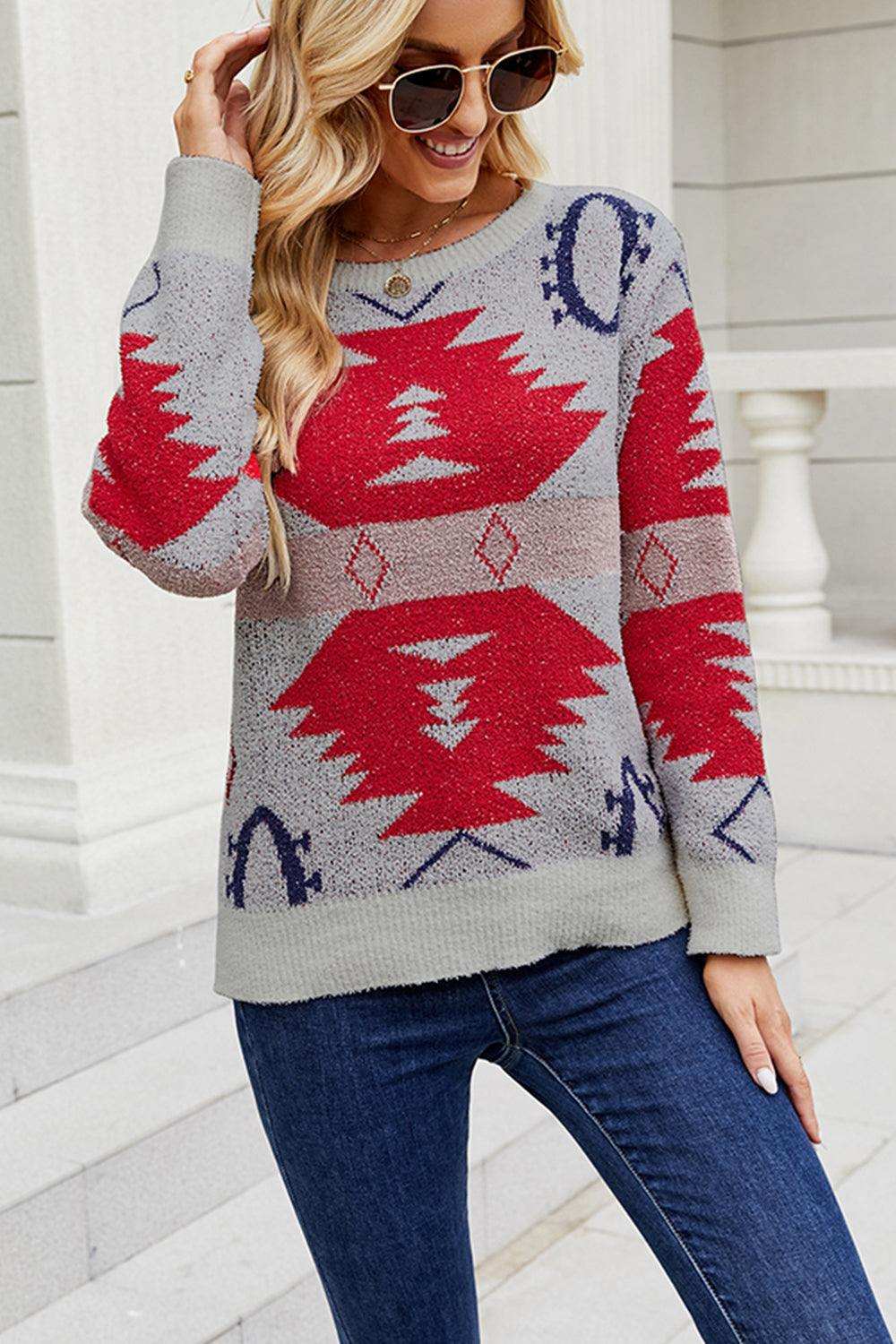 Printed Round Neck Long Sleeve Sweater - Trendsi - Flyclothing LLC