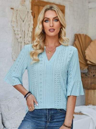 Eyelet Notched Half Sleeve T-Shirt - Trendsi - Flyclothing LLC