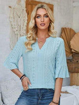 Eyelet Notched Half Sleeve T-Shirt - Trendsi - Flyclothing LLC