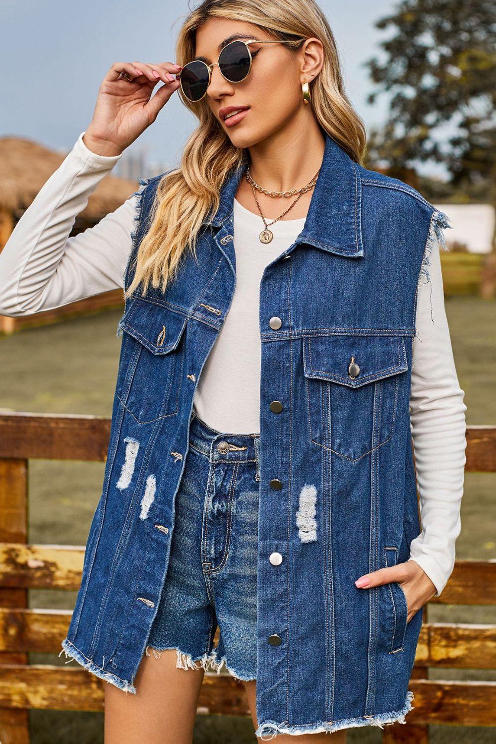 Sleeveless Button-Up Collared Denim Top with Pockets - Trendsi