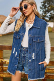 Sleeveless Button-Up Collared Denim Top with Pockets - Trendsi