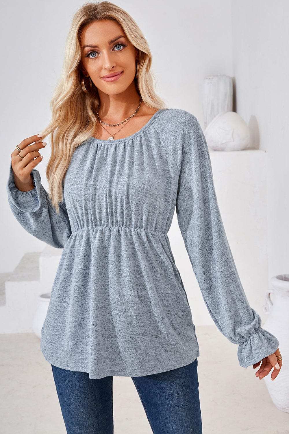Ruched Round Neck Flounce Sleeve Blouse - Trendsi - Flyclothing LLC