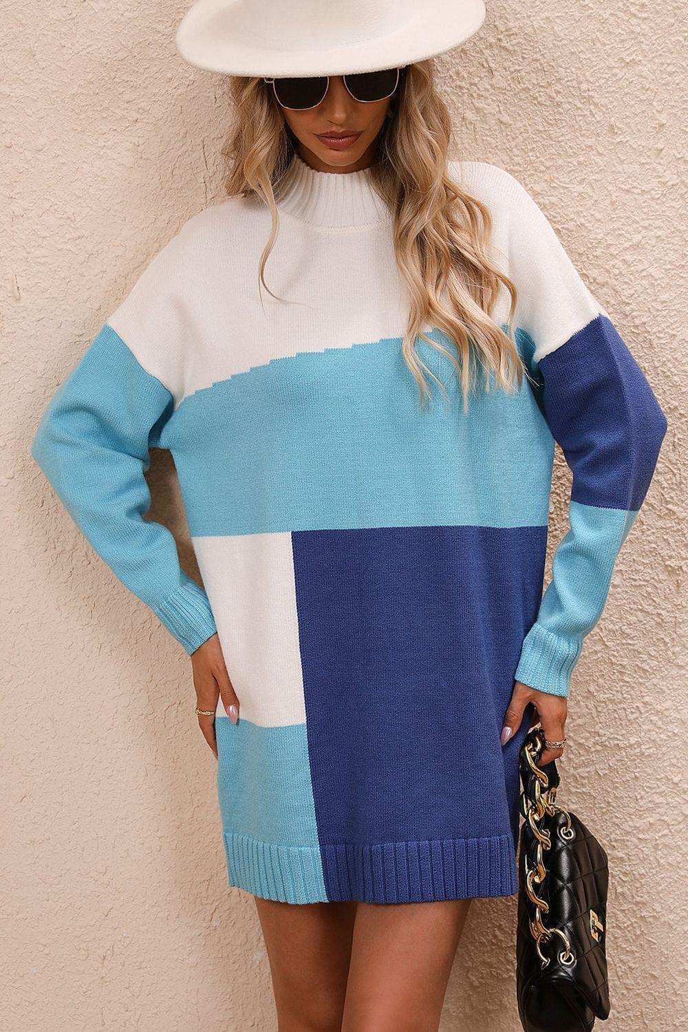 Color Block Mock Neck Dropped Shoulder Sweater Dress - Trendsi - Flyclothing LLC