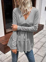 Waffle-knit V-Neck Long Sleeve Blouse - Trendsi - Flyclothing LLC