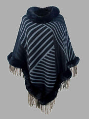 Striped Fringe Hem Poncho - Trendsi