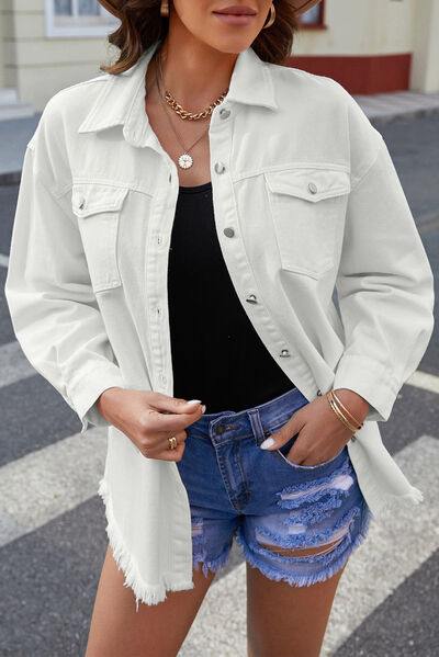 Button Up Pocketed Raw Hem Denim Jacket - Trendsi