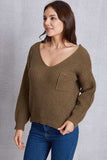 V-Neck Pocketed Dropped Shoulder Knit Top - Trendsi - Flyclothing LLC