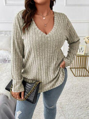 Plus Size V-Neck Long Sleeve T-Shirt - Trendsi