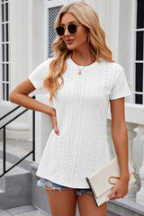 Eyelet Slit Round Neck Short Sleeve T-Shirt - Trendsi - Flyclothing LLC