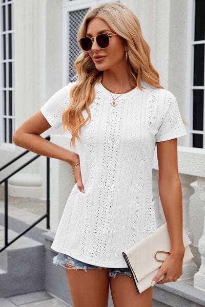 Eyelet Slit Round Neck Short Sleeve T-Shirt - Trendsi - Flyclothing LLC