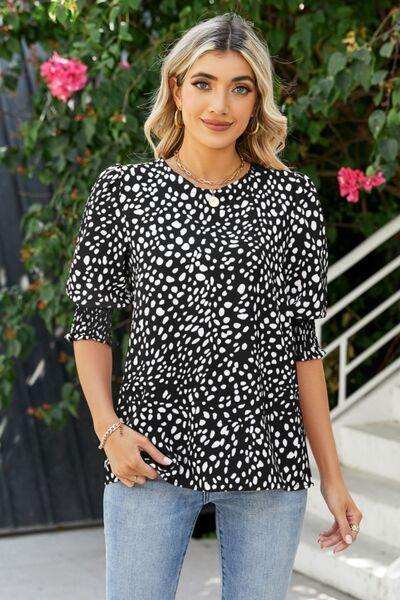 Polka Dot Round Neck Lantern Sleeve Blouse - Trendsi - Flyclothing LLC