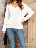 V-Neck Long Sleeve Knit Top with Pocket - Trendsi - Flyclothing LLC