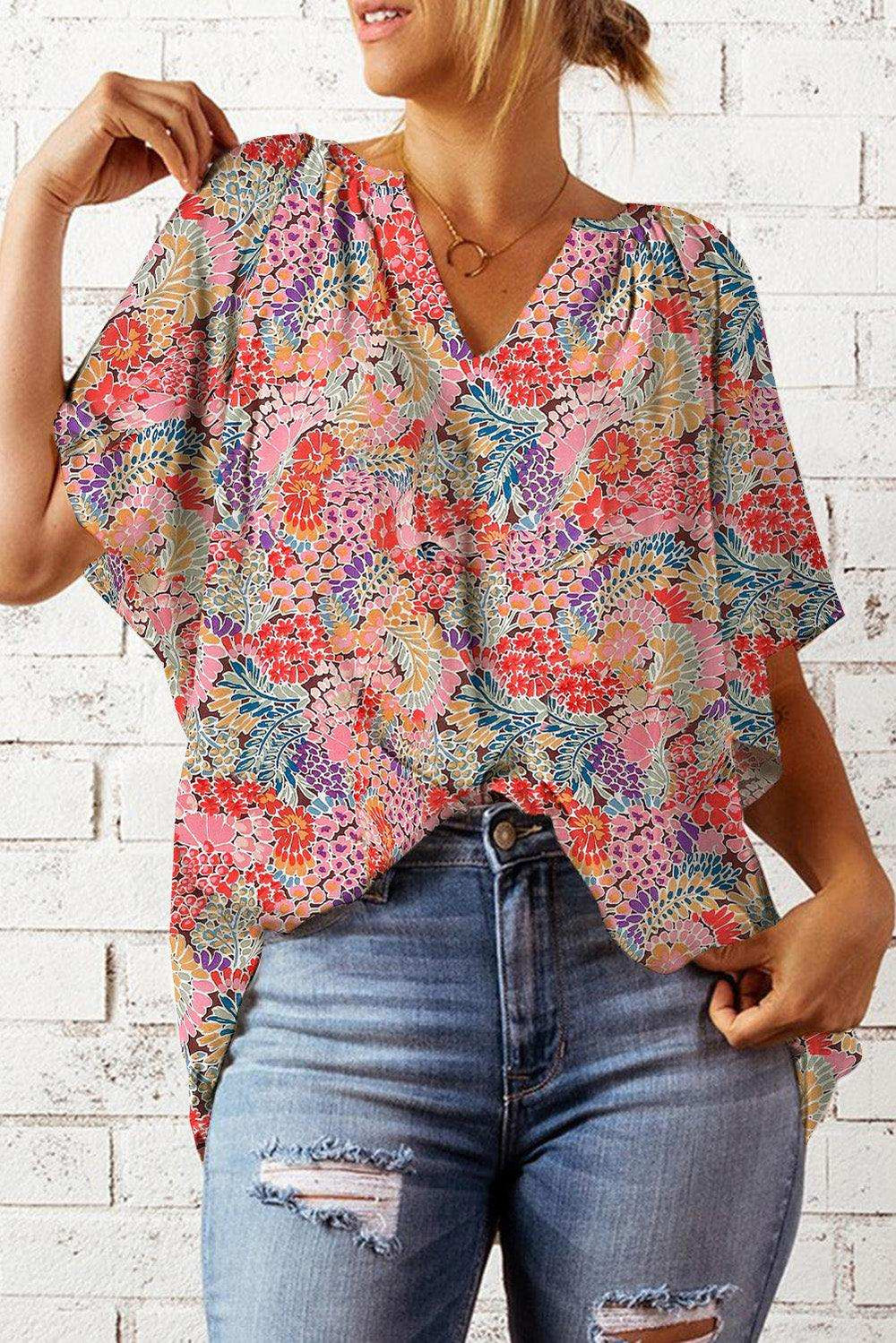 Floral Notched Neck Flutter Sleeve Blouse - Trendsi - Flyclothing LLC