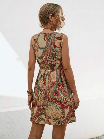 Smocked Printed V-Neck Mini Dress - Trendsi - Flyclothing LLC