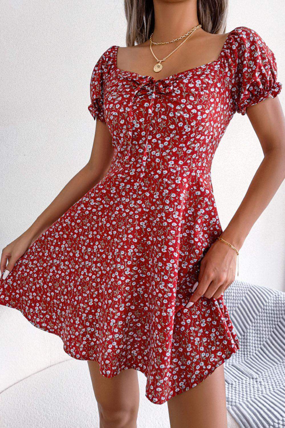 Ditsy Floral Drawstring A-Line Dress - Trendsi - Flyclothing LLC