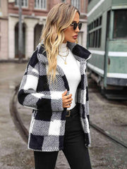 Plaid Collared Neck Button Down Jacket - Trendsi