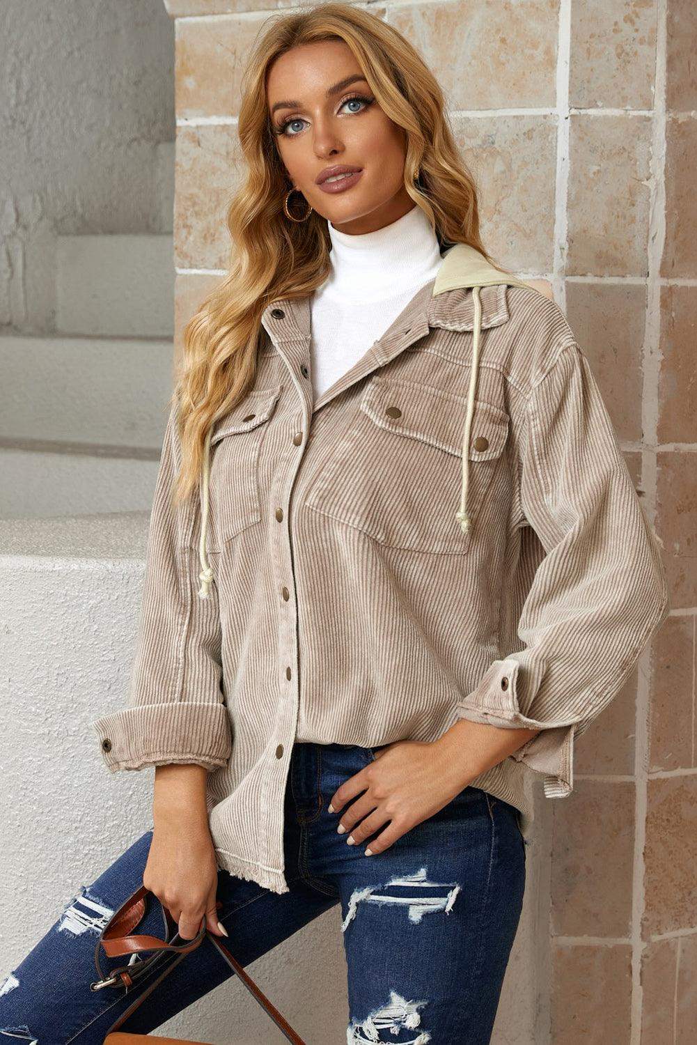 Snap Front Hooded Corduroy Shacket - Trendsi - Flyclothing LLC