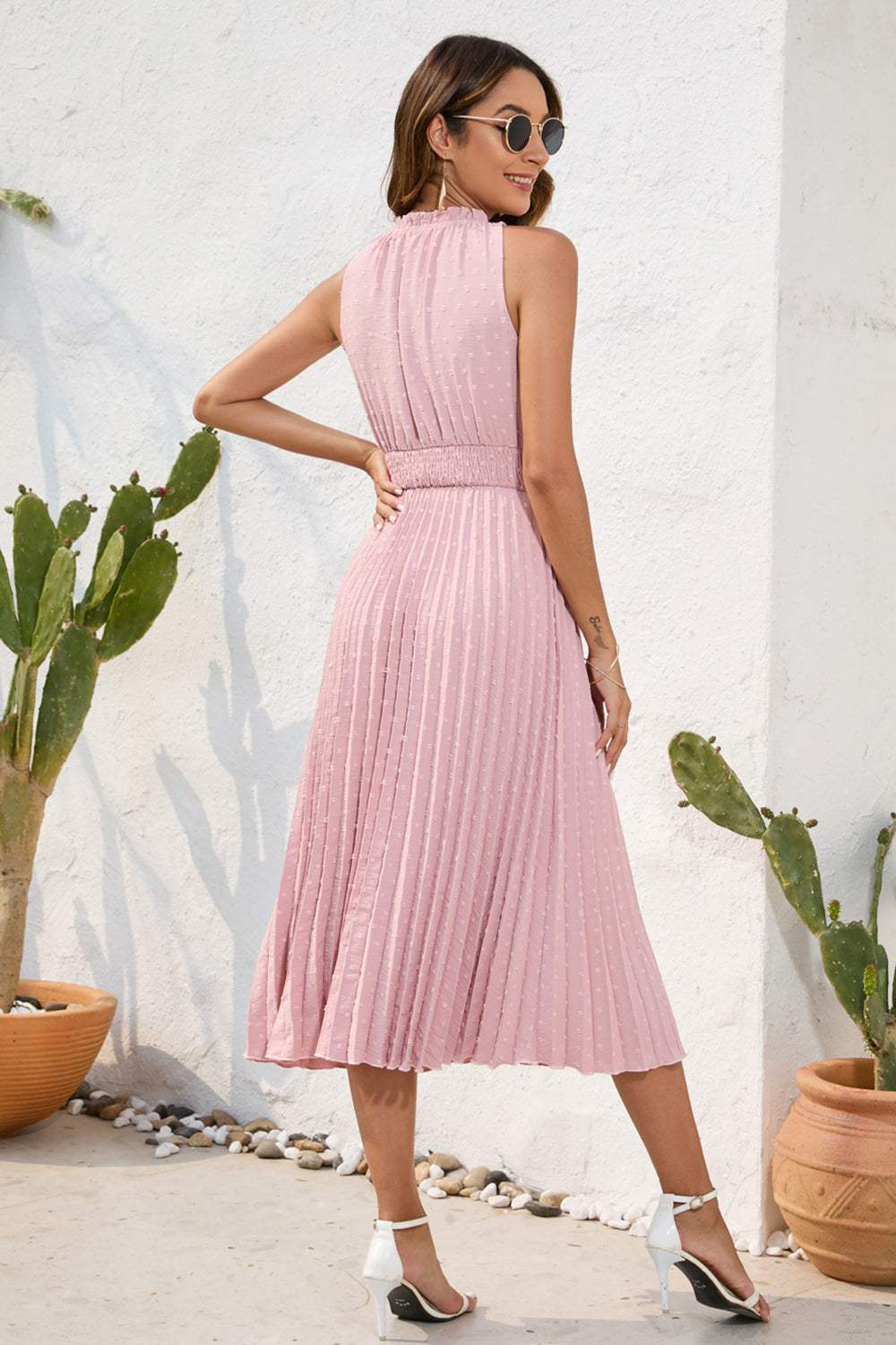 Swiss Dot Tie Neck Sleeveless Dress - Trendsi - Flyclothing LLC