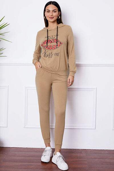 SHUT UP AND KISS ME Lip Graphic Hooded Top and Drawstring Pants Set - Trendsi - Flyclothing LLC