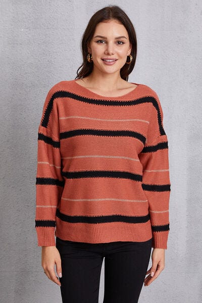 Striped Round Neck Dropped Shoulder Sweater - Flyclothing LLC