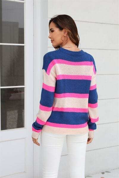 Color Block Round Neck Dropped Shoulder Sweater - Trendsi - Flyclothing LLC