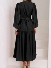 Deep V-Neck Balloon Sleeve Plain Maxi Dress - Trendsi