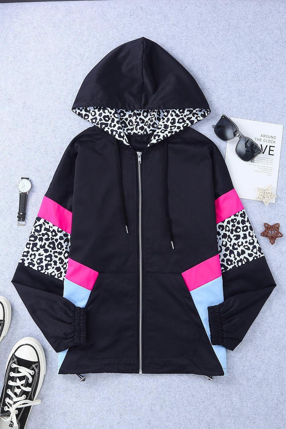 Leopard Color Block Zip-Up Hooded Jacket - Trendsi